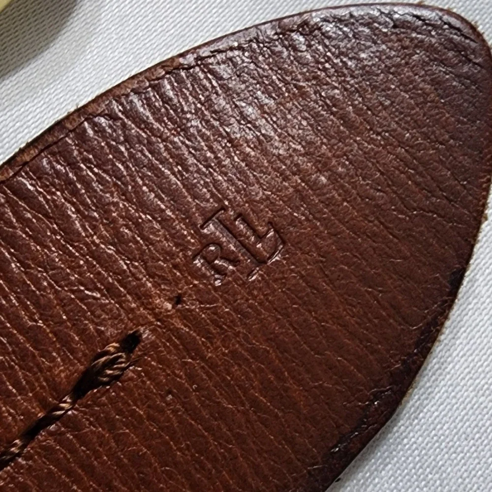 Lauren Ralph Lauren Brown Leather Belt Brass Buckle Cognac RL Logo Mens 34